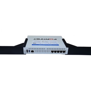 May include: A white network router with the text "FORTINET" printed on the front. The router has a black metal rack mount kit attached to the sides. The router has multiple ports on the front, including ethernet ports, a USB port, and a power port.
