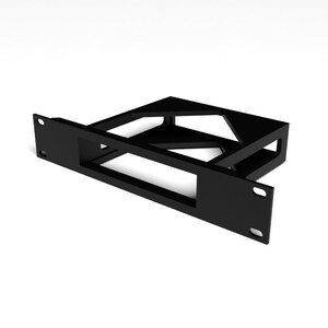May include: Black metal rack designed to hold a device in a standard 19-inch rack.