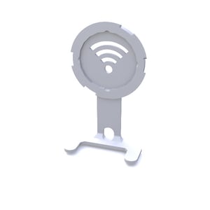 Puede incluir: Soporte de plástico blanco con una parte superior redonda que presenta un símbolo de wifi. El soporte tiene una base con dos puntas.