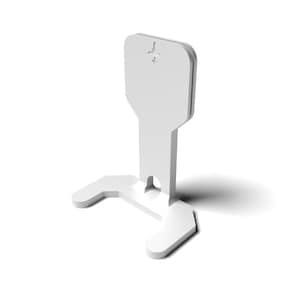 May include: White plastic tile spacer with a raised, rectangular top and a curved base. The top has a small hole in the center.