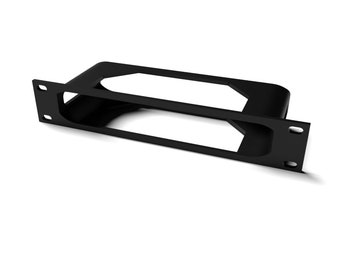 May include: Black metal rack designed to hold a 19-inch rack-mountable device. The rack has two mounting points on each side.