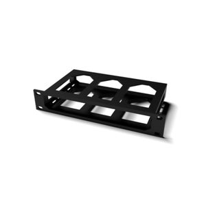 May include: A black metal rack-mount shelf featuring three circular cutouts designed for holding cylindrical items. The rectangular frame includes side mounting flanges with pre-drilled holes for installation into a standard equipment rack.