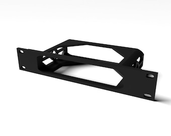 May include: Black metal rack designed for mounting equipment in a 19-inch rack. The rack has a rectangular shape with a cutout in the center and two holes on each side for mounting.