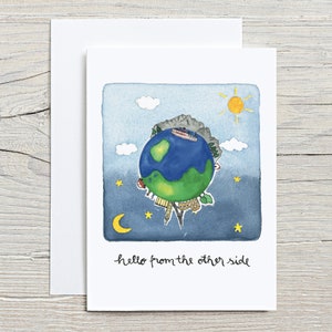 Bonjour de l'autre côté | Aquarelle | de voeux | Queenstown Nouvelle-Zélande - Europe | Carte papier écologique | Enveloppe recyclée