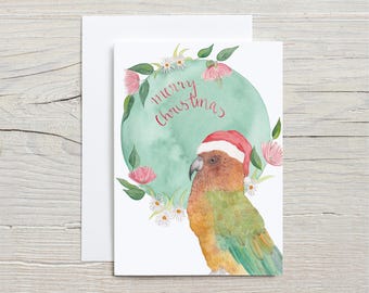 Kea-kerstkaart | Kerstkaart Nieuw-Zeeland | NZ-vogelkaart | Handgemaakte aquarelkaart | Nieuw-Zeelandse kunst | Gerecycleerde envelop