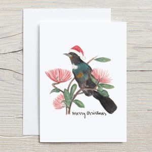 Leuke kerstkaart | Kerstkaart Nieuw-Zeeland | Tuivogel | Handgemaakte aquarelkaart | Nieuw-Zeelandse kunst | Ecopapier | Gerecycleerde envelop
