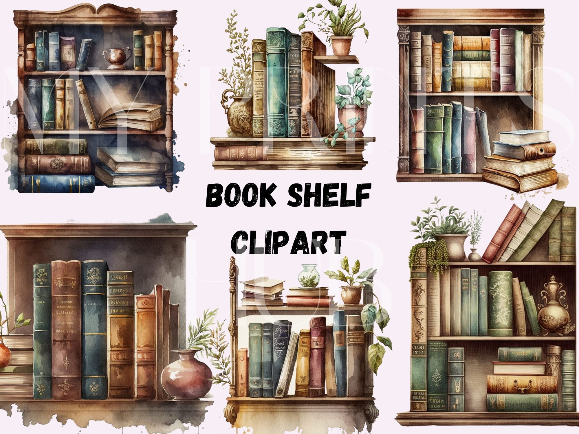 Watercolour Bookshelf Clipart watercolor Bookshelf Etsy