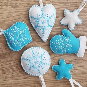 Embroidered Felt Christmas Ornaments: Set of 6, Blue & Beige