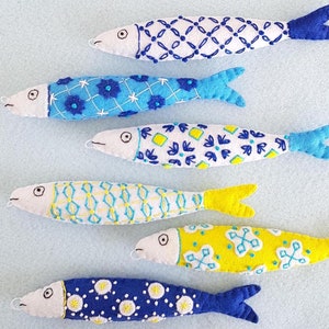 Hand embroidered Portuguese sardine, Portuguese fabric sardine fish decoration, Textile Sardine hanging fish ornament, sardinha portuguesa