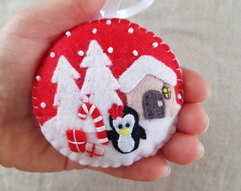 Penguin in the snowy forest Christmas ornament, Felt penguin Christmas decoration, Embroidered felt penguin Christmas tree ornament decor