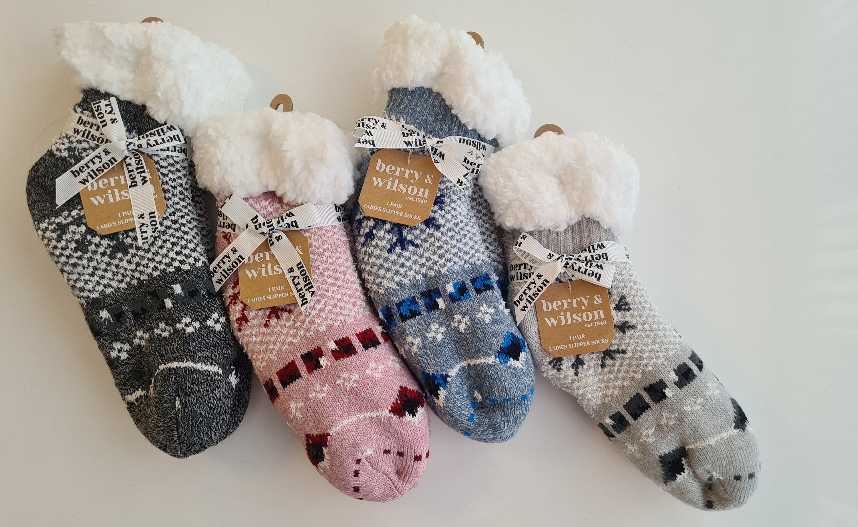 1Pk Ladies Cosy Fairisle Slipper Socks With Silicone Grippers & Fluffy Lining