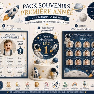 May include: A digital souvenir pack for a baby's first year featuring space-themed designs. Includes a birthday poster, a personalized cake topper, and a monthly milestone photo board, all decorated with rockets, planets, and stars in blue and gold.