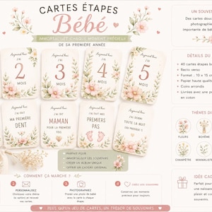 May include: A set of 40 baby milestone cards featuring floral illustrations and French text. The cards measure 10 cm by 15 cm, have rounded corners, and come with a cotton pouch. The design includes numbers one through five and various milestones.