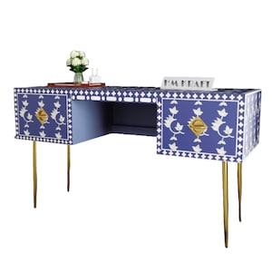 Gorgeous bone and resin inlay in overlay floral pattern with two drawer wooden writing desk table with brass legs