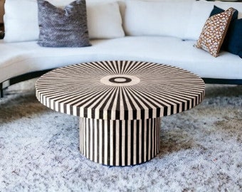 Handmade luxury Bone inlay geometric pattern with stripe inlay base round coffee table for living rooms