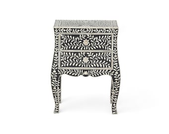 Handmade Bone inlay floral pattern wooden two drawer curved style  bedside / nightstand / side table