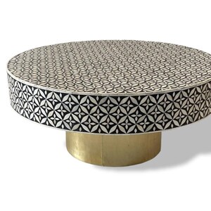 Luxurious Bone inlay petals pattern with brass metal base on wooden round coffee table for living room in black