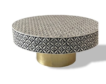 Luxurious Bone inlay petals pattern with brass metal base on wooden round coffee table for living room in black