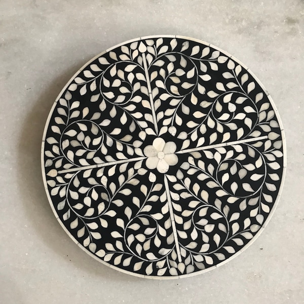 Bone inlay rotating lazy susan or table centrepiece in black floral pattern