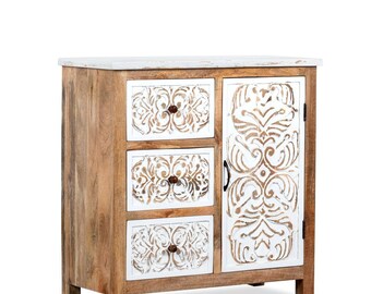 Handcrafted Mango Wood Carved Cabinet with 3 Drawers and 1 Door - Antique White Finish