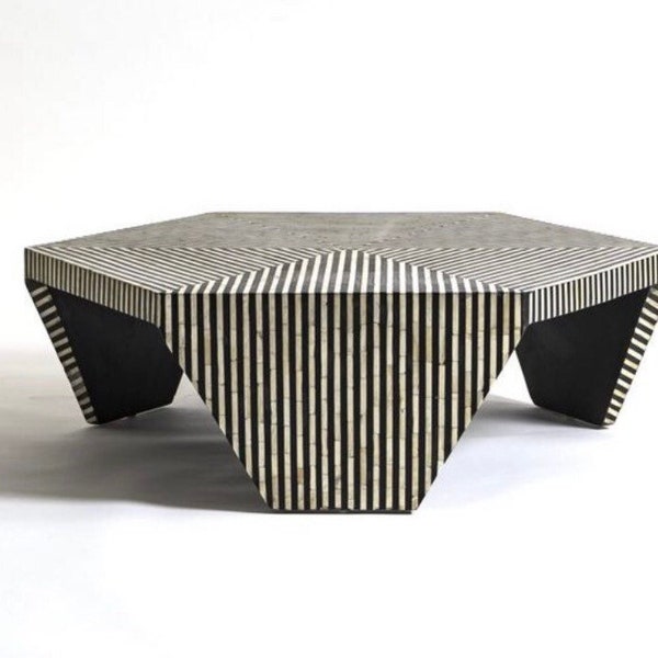 Luxurious Bone inlay stripes pattern Hexagon wooden coffee table for living room in Black