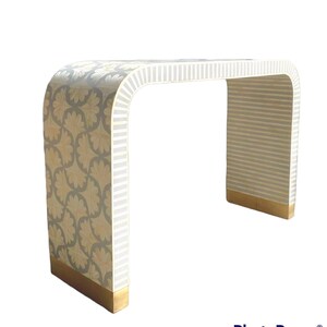 Gorgeous Bone inlay lotus pattern with brass metal base legs wooden waterfall console table in grey