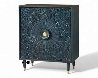 Handcrafted Mango Wood Carved Cabinet with 2 Door - Antique indigo Finish