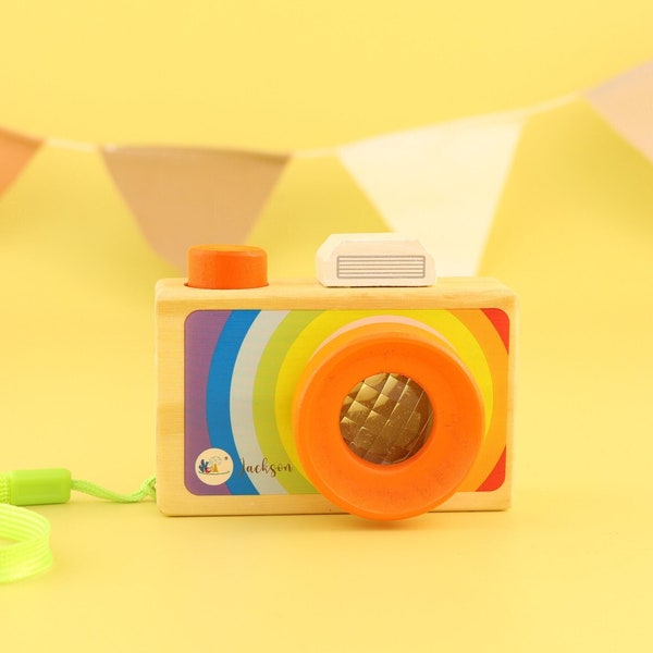 Personalized Children's Camera Kaleidoscope, Magical Multi-prism Bee-eye Effect Toy,Wooden Toy Camera, Pretend Play Camera Toy,Children Gift
