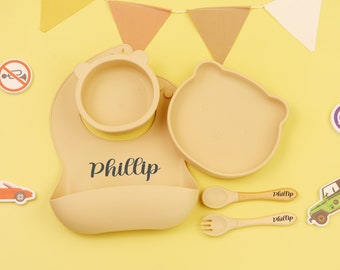 Personalized Bear Silicone Plate, Weaning Set,Baby Bib Baby, Children's Bowl Tableware Placemat Spoon Fork Straw Cup,Feeding Set with Name