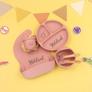 Personalisierte Silikon Teller, Entwöhnung Set,Baby Lätzchen Baby, Kinder Schüssel Geschirr Tischset Löffel Gabel Strohbecher,Fütterung Set mit Name Dusty Pink