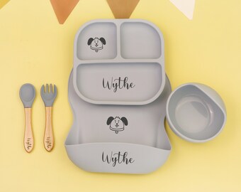 Personalized Square Silicone Plate,Weaning Set,Baby Bib Baby,Children's Bowl Tableware Placemat Spoon Fork Straw Cup,Feeding Set with Name