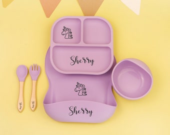 Piatto quadrato in silicone personalizzato, set per lo svezzamento, bavaglino per neonati, ciotola per bambini, tovaglietta, cucchiaio, forchetta, tazza di paglia, set per l'alimentazione con nome