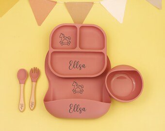 Assiette carrée en silicone personnalisée, Set de sevrage, Bavoir pour bébé, Bol pour enfants Vaisselle Napperon Cuillère Fourchette Tasse, Set de nourriture avec nom