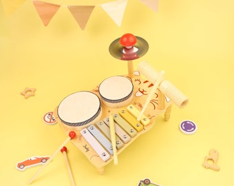 Jouet personnalisé d’éveil de musique de chat mignon, kit de batterie de jazz simulé, jouets de musique de tambour à battement à la main, instruments de percussion pour enfants