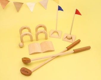 Personalized Golf Toys, Wooden Toy Set, Baby Wooden Simulation Golf Set, Family Outdoor Sports Toys, Solid Wood Clubs For Children Mini Golf