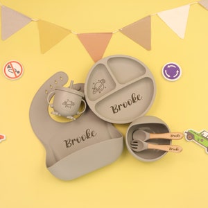 Personalisierte Silikon Teller, Entwöhnung Set,Baby Lätzchen Baby, Kinder Schüssel Geschirr Tischset Löffel Gabel Strohbecher,Fütterung Set mit Name Grey