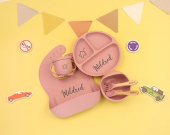 Plato de silicona personalizado, juego de destete, babero para bebé, cuenco para niños, vajilla, mantel individual, cuchara, tenedor, taza de paja, juego de alimentación con nombre