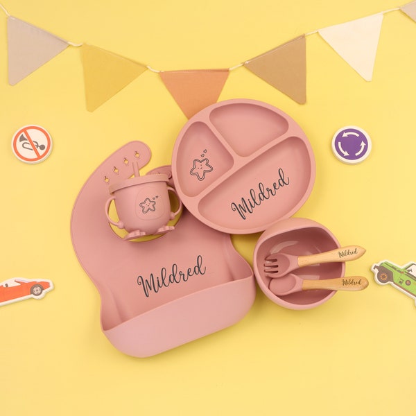 Personalisierte Silikon Teller, Entwöhnung Set,Baby Lätzchen Baby, Kinder Schüssel Geschirr Tischset Löffel Gabel Strohbecher,Fütterung Set mit Name