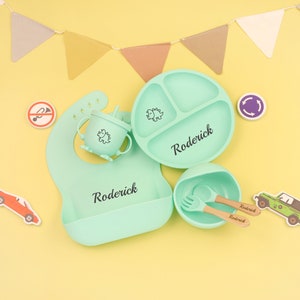 Personalisierte Silikon Teller, Entwöhnung Set,Baby Lätzchen Baby, Kinder Schüssel Geschirr Tischset Löffel Gabel Strohbecher,Fütterung Set mit Name Green