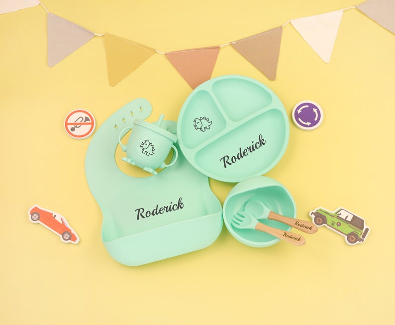 Personalisierte Silikon Teller, Entwöhnung Set,Baby Lätzchen Baby, Kinder Schüssel Geschirr Tischset Löffel Gabel Strohbecher,Fütterung Set mit Name Green