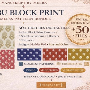 May include: A digital pattern bundle titled "Dabbu Block Print" by Manuskript by Meera. The image showcases various Indian block print patterns in indigo, madder red, and mustard ochre. Includes seamless patterns, coordinates, and backgrounds.