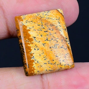 May include: A rectangular polished gemstone cabochon featuring a warm color palette of golden yellow, cream, and deep brown tones. The stone displays a natural dendritic pattern with fine black branching inclusions across its smooth surface.