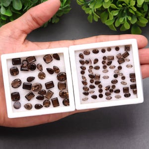 May include: Two white trays filled with various shapes of brown gemstones. The gemstones include oval, square, and rectangular cuts. The trays are held in a hand, with green foliage in the background. The gemstones are of varying sizes.