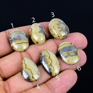 Puede incluir: Seis cabujones ovalados y en forma de lágrima de mármol Picasso pulido, con bandas amarillas y grises. Las piedras están dispuestas en fila sobre una mano.