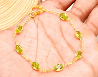 Green Peridot Gemstone Bracelet 925 Silver Oval Shape Gem August Birthstone Jewelry