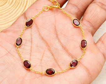 Red Garnet Gemstone 925 Silver Bracelet Oval Shape Gem January Birthstone Party Wear Jewelry