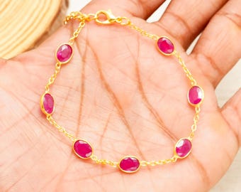 Red Ruby Gemstone Bracelet 925 Silver Oval Shape Gem July Birthstone Jewelry