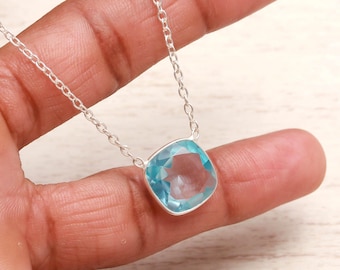 Swiss Blue Topaz Gemstone 925 Silver Necklace December Birthstone Cushion Cut Jewelry
