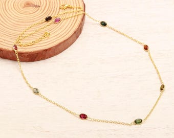 Multi Tourmaline Gemstone Oval Shape Gem 925 Silver Necklace October Birthstone Daily Wear Jewelry
