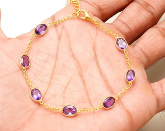 Amethyst Gemstone 925 Silver Bracelet Oval Shape Gem February Birthstone Jewelry